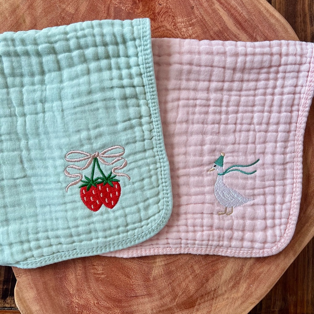 Strawberry and Goose Embroidered Baby Burp Cloths